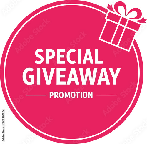 A vibrant vector graphic illustration for a special giveaway promotion, featuring a pink circular design with a gift box icon for marketing campaigns.