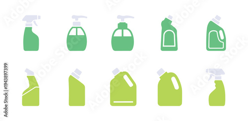 Cleaning and hygiene product icons set in flat vector style.