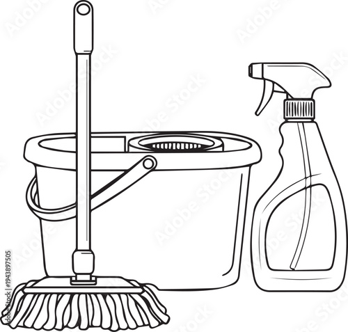 Vector illustration of cleaning supplies, mop, bucket, and spray bottle