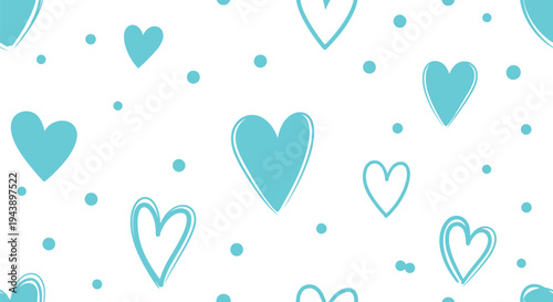 Seamless repeating vector graphic illustration featuring hand drawn style light blue hearts scattered randomly with small dots for textile design