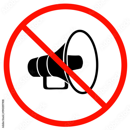 No megaphone sign icon, prohibited noise symbol with red circle cross out, minimalist megaphone silhouette illustration isolated on white background