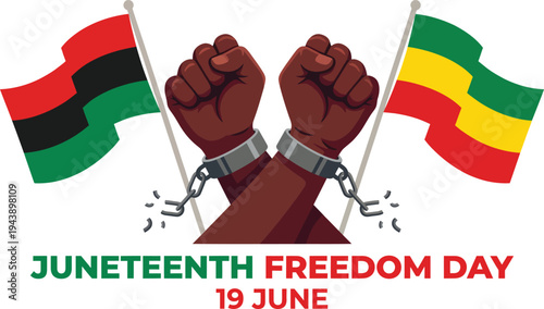 Juneteenth Freedom Day June 19 Illustration with Raised Fists Breaking Chains and Pan African Flags Symbolizing Liberation and African American Freedom