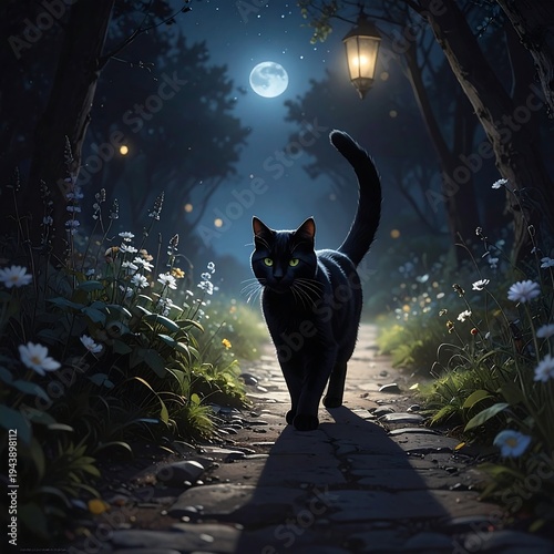 A black cat walks on a moonlit garden path