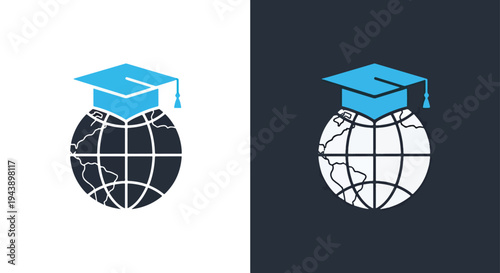 Global education icon set blue vector graduation - Minimalist, flat icon, outline, glyph, linear, clipart, sticker - Blue icon set - Glyph icon