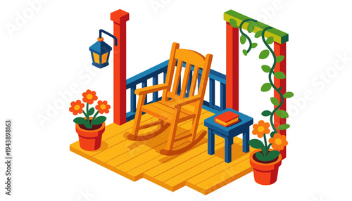 A colorful illustration of a porch with a rocking chair and flowers