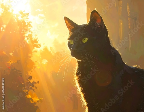 A black cat with yellow eyes gazes left