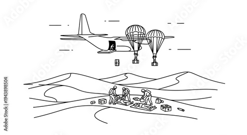 Airplane Drops Supplies via Parachutes to Desert Survivors Setting Up Camp