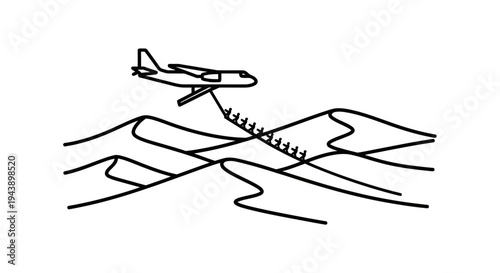 Airplane dropping supplies over desert dunes