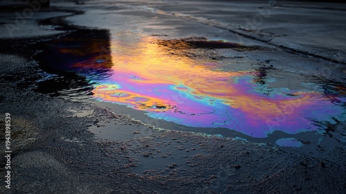 Abstract rainbow oil slick on wet ground reflecting light with iridescent patterns