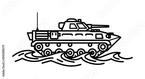 Amphibious Armored Vehicle Crossing Water, Military Tank Illustration