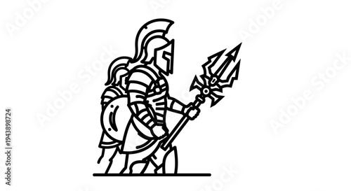 Ancient Roman Gladiator Warrior with Trident and Shield, Line Art Icon