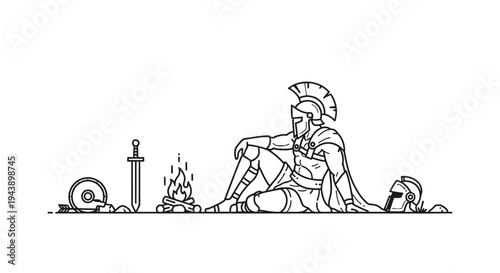 Ancient Warrior Resting by Campfire, Spartan Soldier with Sword and Helmet, Historical Battle Scene