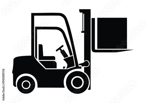 Forklift Silhouette Lifting a Large Cargo Box for Industrial Warehouse Logistics Freight Handling and Construction Site Material Transport Services