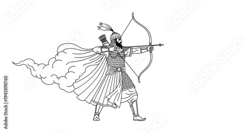Ancient Warrior Archer with Bow and Arrow, Cloaked Figure in Motion