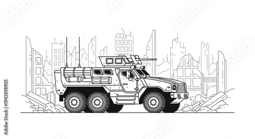 Armored Military Vehicle in Ruined Cityscape - War Zone Illustration