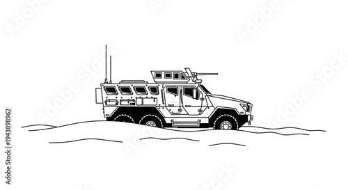 Armored Military Vehicle with Machine Gun in Desert Landscape