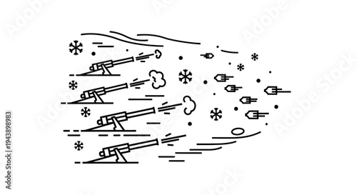 Artillery Barrage: Cannons Firing Projectiles in a Snowstorm