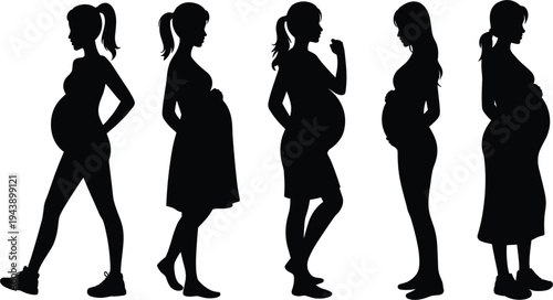 Pregnant woman silhouettes set, maternity and pregnancy stages, healthy mother lifestyle and prenatal care concept icons