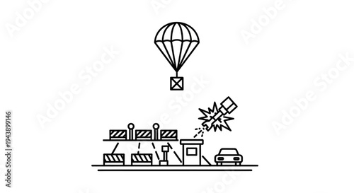 Cargo parachute drop over industrial zone with checkpoint and car