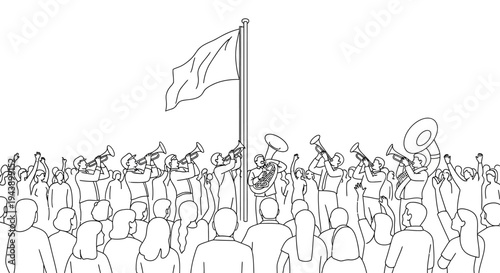 Celebration crowd with brass band playing music under a waving flag