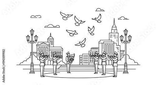 Cityscape with marching band and flying doves, urban park, outdoor concert, illustration