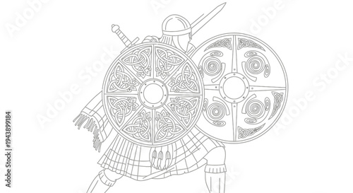 Celtic Warrior with Sword and Shields, Scottish Kilt, Historical Battle
