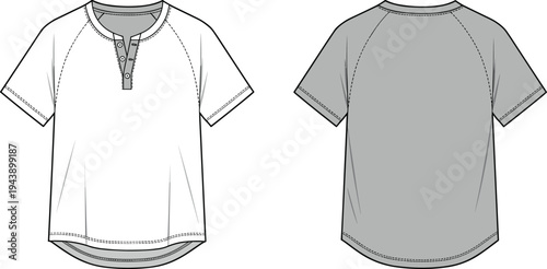Cad drawing flat vector illustration of raglan sleeve henley t-shirt design, front and back view, technical fashion sketch, apparel template