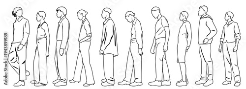 Silhouettes of standing African people, men and women, side view, hand drawn, line sketch, profile, vector image, black color, isolated on white background