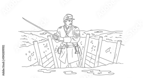 Civil War Soldier in Trench with Sword, American History Illustration