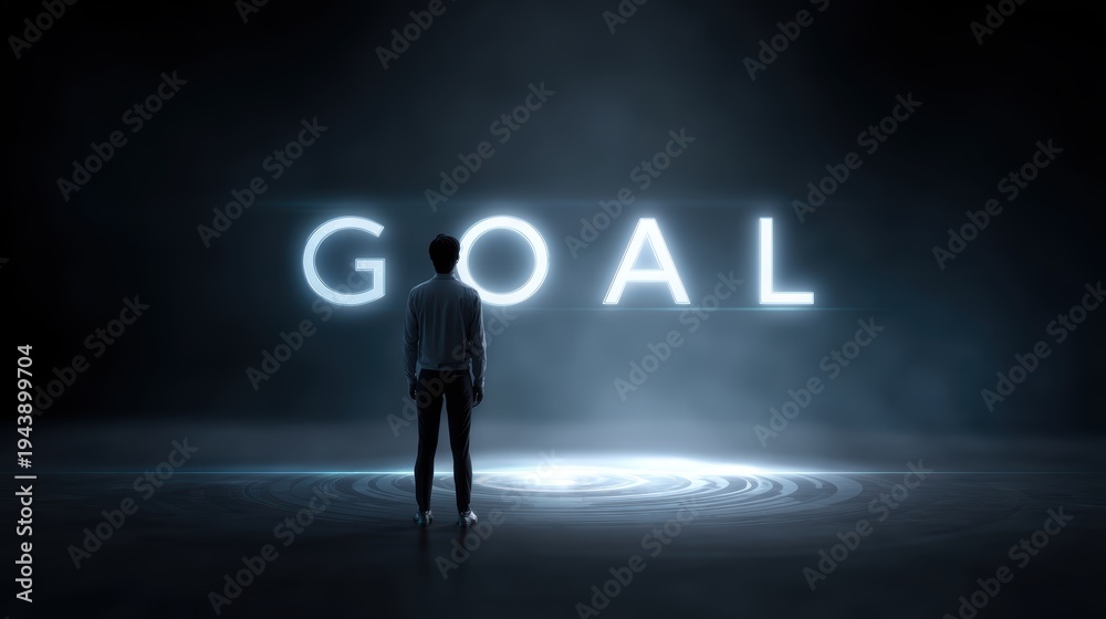 Fototapeta premium A person looking at a giant holographic GOAL, motivation and focus