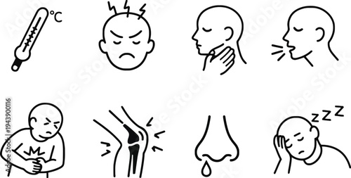 Sickness vector icons set illustrating various symptoms and health issues
