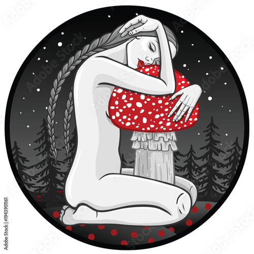 Wallpaper Mural Young girl in the night forest hugs a fly agaric. Mystical vector illustration. Torontodigital.ca