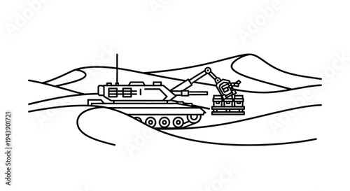 Desert Tank with Robotic Arm Loading Barrels, Military Vehicle in Sandy Landscape