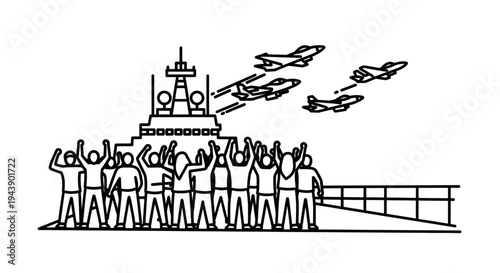 Crowd cheers as fighter jets fly over a navy ship in air show