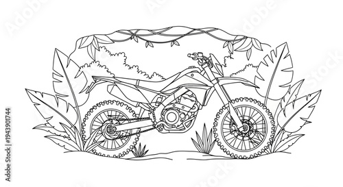 Dirt Bike in Jungle Setting - Line Art Illustration