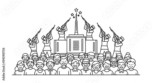 Diverse Group Celebrates Victory with Fireworks and Monument