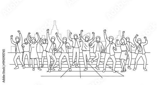 Diverse group of people celebrating success with raised hands on a city skyline background