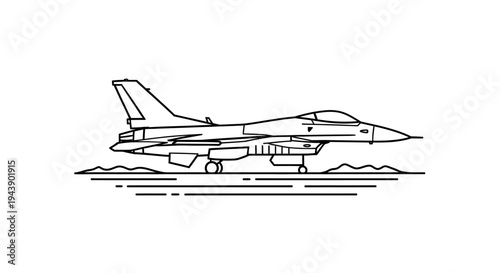 Fighter Jet Line Art: Modern Military Aircraft on Runway