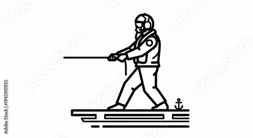 Fisherman pulling net from boat, nautical illustration, vector art