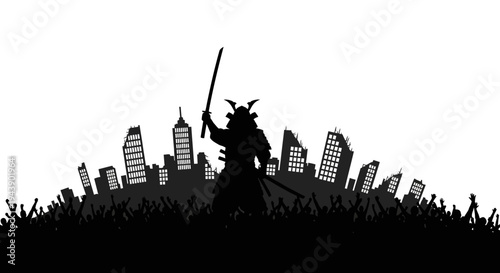 Samurai Warrior Silhouette Against Futuristic City Skyline at Dusk