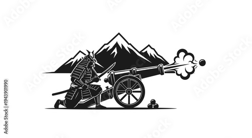 Samurai Warrior with Cannon Firing, Mountain Background, Black and White Vector Art