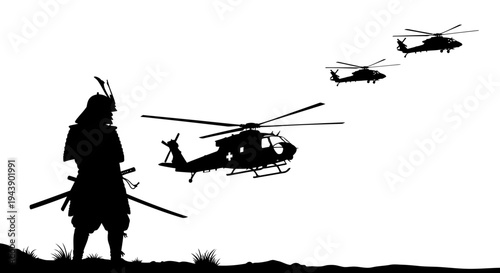 Samurai Warrior Watches Helicopters Fly Over Landscape Silhouette