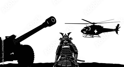 Samurai Warrior Stands Against Modern Military Helicopter and Cannon