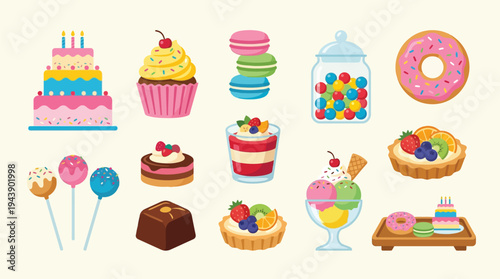 A vibrant collection of assorted sweet desserts and treats, including cakes, cupcakes, donuts, macarons, ice cream, and candies, arranged in a delightful display.