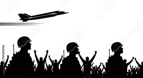 Silhouette of cheering crowd and soldiers watching a jet fighter in the sky