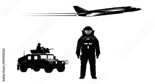 Silhouette of Jet Fighter, Humvee, and Astronaut on White Background