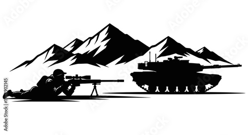 Silhouette of Sniper and Tank on Mountain Background, Military Action Scene