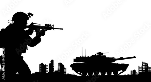 Silhouette of Soldier Aiming Rifle with Tank and Destroyed Buildings in Background