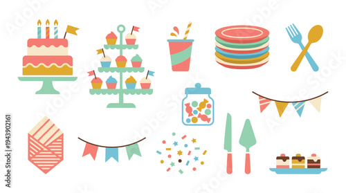 A vibrant collection of colorful party elements, including a tiered cake, cupcakes, drinks, plates, cutlery, confetti, and banners, perfect for celebrations.