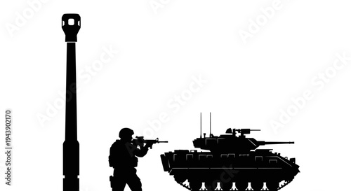 Silhouette of Soldier and Tank Next to Giant Cannon